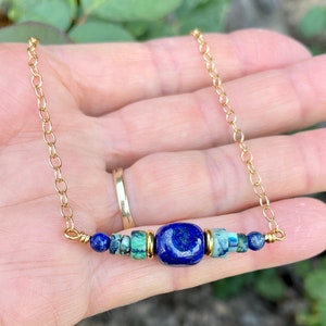 LAPIS LAZULI & AZURITE Chrysocolla Necklace, 14K gold filled chain, Choice 15"-18", Natural Stone Gemstone Crystal, Minimalist