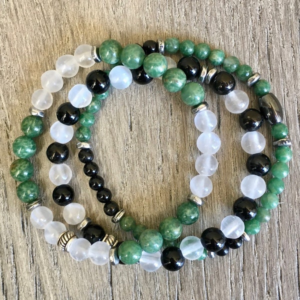 African Green Jade, Black Onyx & Selenite Stretch Bracelet Stack, Natural Stone Crystal Gemstone