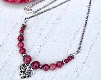NORWEGIAN THULITE HEART Necklace, Silver Chain, 15", 16", 18" Choice, Natural Norway Pink Stone Gemstone Crystal, Valentine's Gift