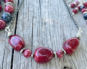 NORWEGIAN THULITE NUGGET Necklace, Oxidized Silver Chain, 16", 18", 20" Choice, Natural Norway Pink Stone Gemstone Crystal