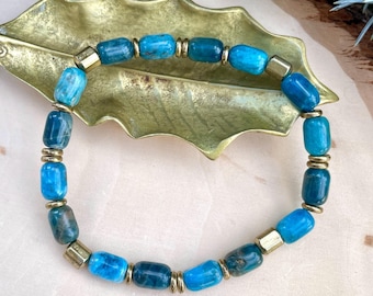BLUE APATITE & BRASS Bracelet, Stretch Beaded, Natural Stone Crystal Gemstone, 6mm