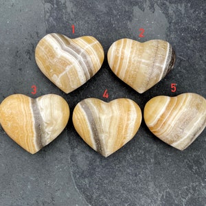 Lg ZEBRA CALCITE HEART 3&quot;, Choice, Natural Banded Stone, Mexican, Polished Puffy Crystal