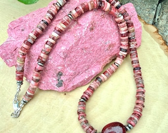 NORWEGIAN THULITE NECKLACE, 20", Natural Norway Pink Stone Heishi Gemstone Jewelry