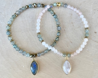 Elección de pulsera con cuentas elásticas LABRADORITE o RAINBOW MOONSTONE, encanto de piedras preciosas, 4 mm, piedra natural de cristal