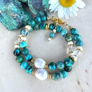 CHRYSOCOLLA BRACELET, Choice Clasp or Stretch, AAA Arizona Gemstone, Gold Accents, Pearl, Clear Quartz, Crystal Natural Stone