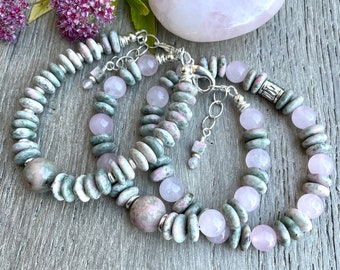 Bracelet, collier, quartz rose LAPIS NEVADA & ROSE, au choix, pierre naturelle, cristal, fermoir extensible ou réglable