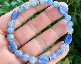 BLUE KYANITE BRACELET Silver Stretch Beaded, Natural Stone Crystal Gemstone