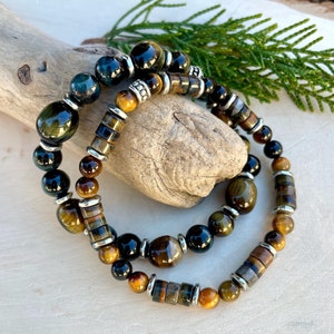 Blau / Gold Tigerauge ARMBAND, Wahl, Stretch Perlen mit Silber, Edelstein Kristallstein