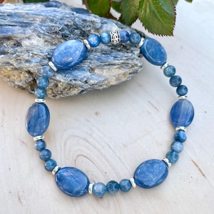 BLUE KYANITE BRACELET Silver Stretch Beaded, Natural Stone Crystal Gemstone