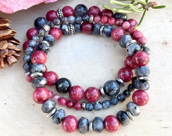 Norwegian THULITE & LARVIKITE BRACELET, Choice, Natural Stone, Norway Gemstone, Beaded Crystal Stack, Pink and Gray