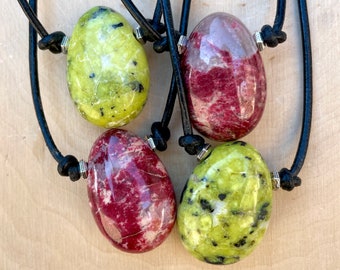 Norwegian Thulite & Lizardite Pendant Necklace, Choice, Leather Cord, Norway Natural Stone, Gemstone Crystal