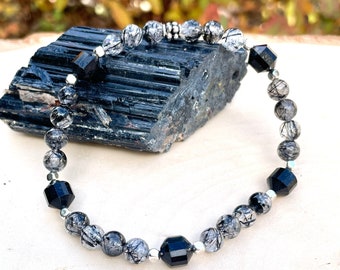 BLACK TOURMALINE RUTILATED Quartz Bracelet, with Silver, Natural Stone, Crystal, Rutile Gemstone, Beaded, Unisex