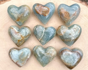 BLUE ONYX HEART, choice, Lemurian Aquatine Calcite, Aragonite natural stone, puffy polished, hand carved crystal