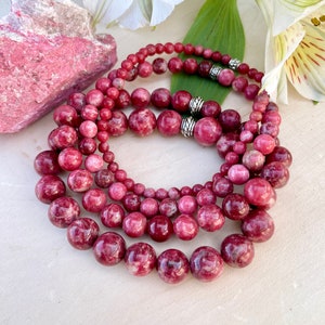 NORWEGIAN THULITE BRACELET, Choice, 10mm, 8mm, 6mm, 4mm, Round Natural Stone Beads, Norway Pink Gemstone, Crystal, Unisex