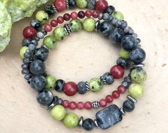 NORWEGIAN STONE BRACELET, Thulite, Lizardite, Larvikite, Choice or Stack, Natural Norway Stone, Crystal, Gemstone, Beaded