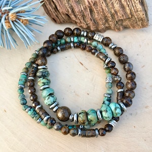 AFRICAN TURQUOISE & BRONZITE Bracelet, Choice, Silver, Natural Stone Crystal Gemstone, Unisex, Stack