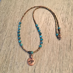TURQUOISE & COPPER NECKLACE with Eye of Horus Charm, 17&quot;, Beaded, Genuine Natural Stone Crystal Gemstone