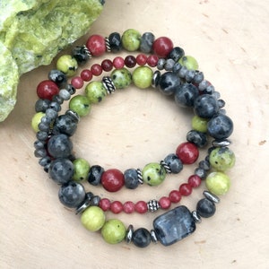 NORWEGIAN STONE BRACELET, Thulite, Lizardite, Larvikite, Choice or Stack, Natural Norway Stone, Crystal, Gemstone, Beaded