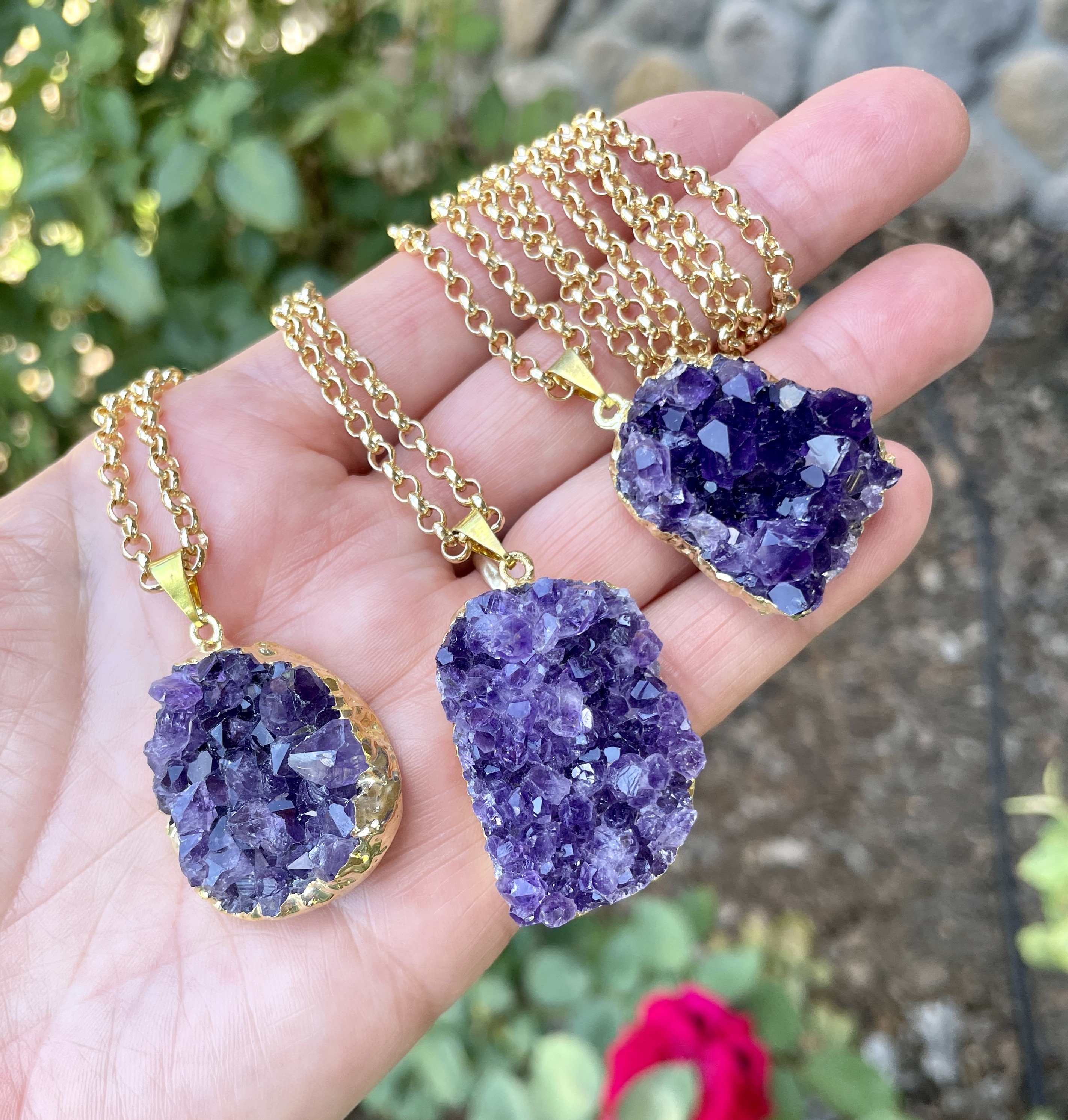 ネックレス・ペンダント amethyst Necklace AMETHYST DRUZY PENDANT Necklace, Choice, Deep Purple, Gold Chain