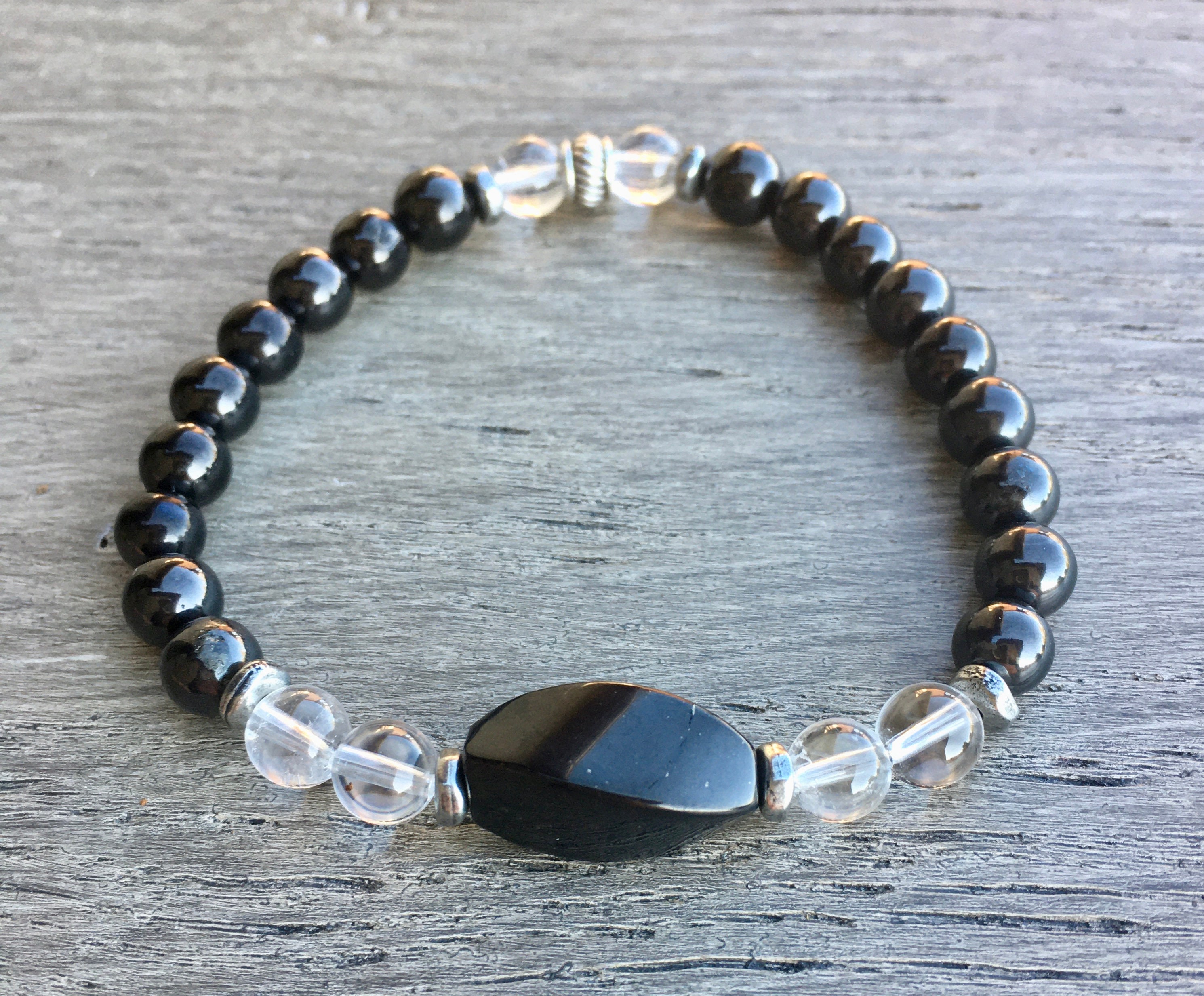 SHUNGITE & CLEAR QUARTZ Detox Stretch Bracelet, Natural Stone