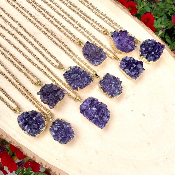 AMETHYST DRUZY PENDANT Necklace, Choice, Deep Purple, Gold Chain