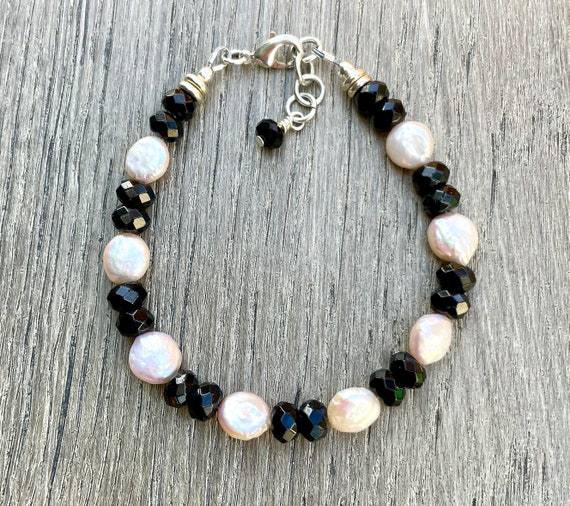 Pink Freshwater PEARL & BLACK SPINEL Bracelet, adjustable 7-8" Clasp, Natural Stone, Crystal, Gemstone, Beaded