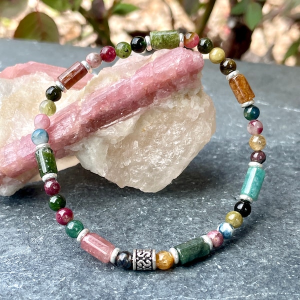 WATERMELON TOURMALINE BRACELET with Silver, Stretch Beaded, Multi-Colored Natural Stone Gemstone Crystal, small beads