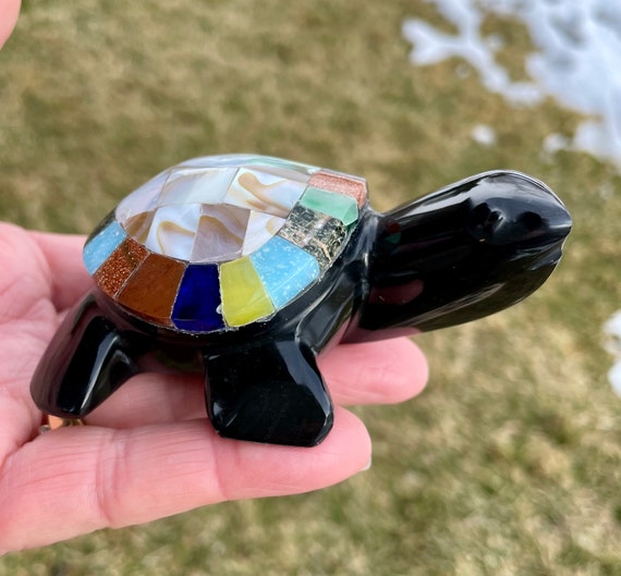 BLACK OBSIDIAN TURTLE Choice, Abalone & Gemstone Inlayed