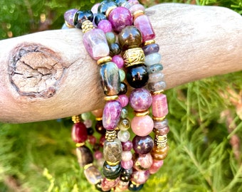 Choice WATERMELON TOURMALINE BRACELETS with Gold Accents, Multi-Colored Natural Stone Gemstone Crystal, Stretch Beaded, 4-8mm