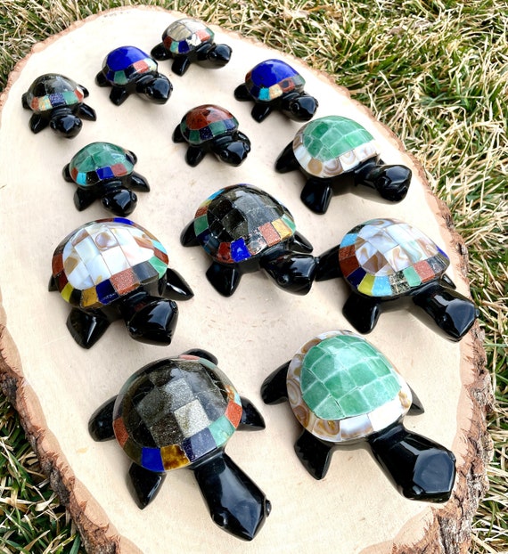 BLACK OBSIDIAN TURTLE Choice, Abalone & Gemstone Inlayed