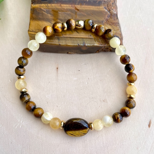 TIGER'S EYE & Honey CALCITE Bracelet with Gold, Stretch Beaded, Gemstone Crystal Stone