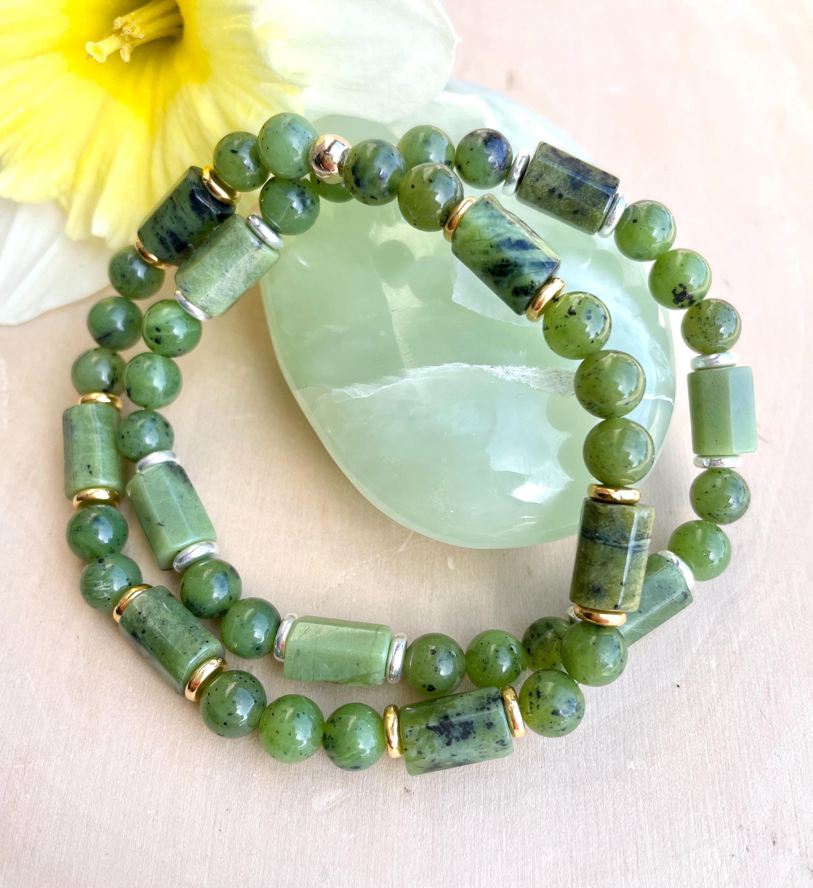 CANADIAN JADE BRACELET, Choice with Gold or Silver, Green Natural Stone Canada Crystal, Gemstone, Beaded, Unisex