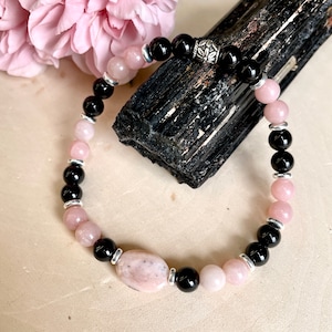 Bracelet extensible en perles d'opale rose et tourmaline noire, cristal, pierre précieuse naturelle, guérison du chakra du coeur