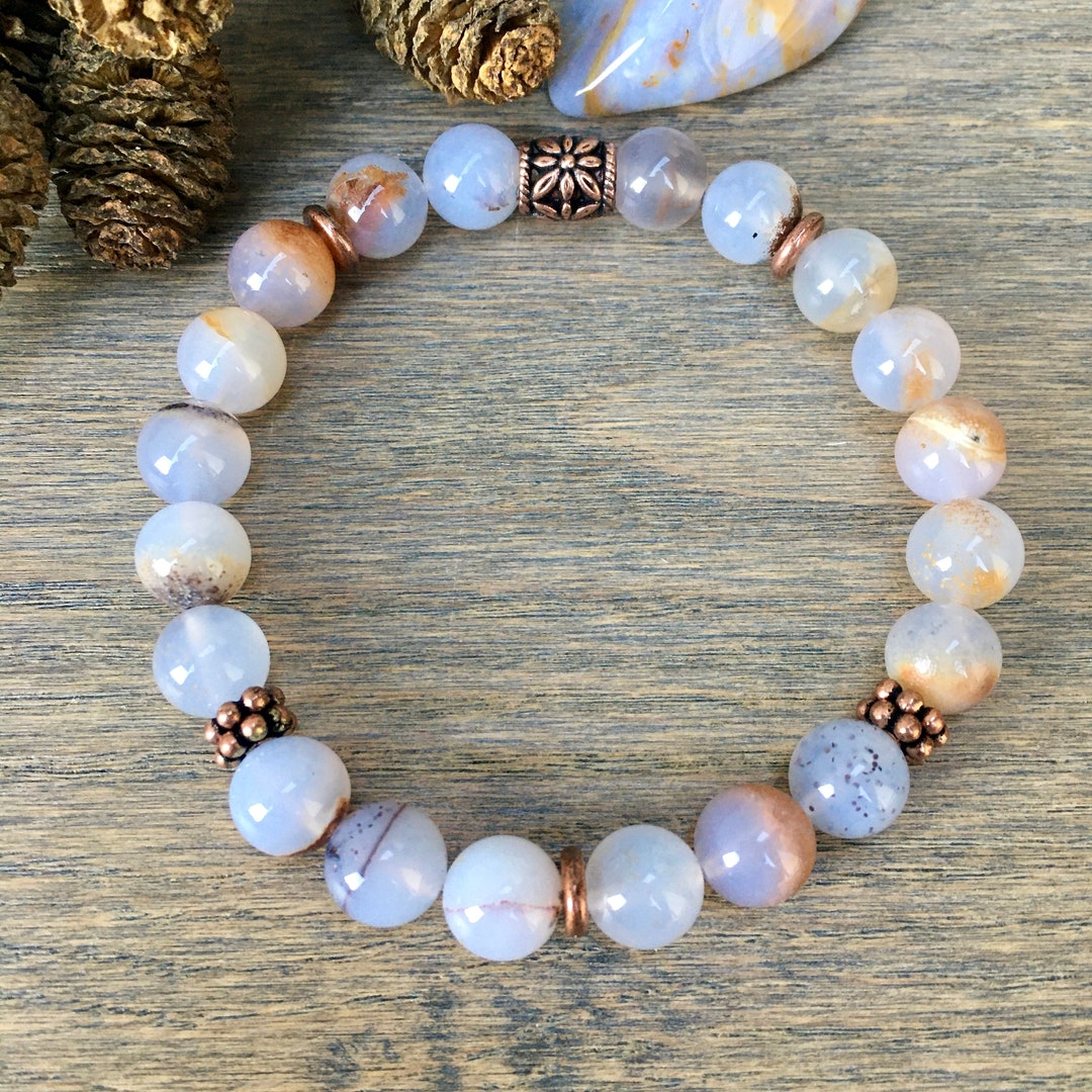 BLUE CHALCEDONY BRACELET Beaded Stretch, Namibia Natural Stone, Golden ...