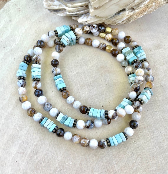 Nevada Dry Creek TURQUOISE BRACELET with Opalized Petrified Wood Genuine Crystal Natural Stone Gemstone 4mm Minimalist