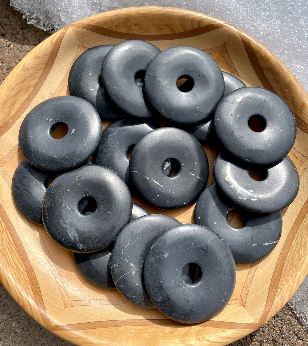 40mm SHUNGITE DONUT Sphere Holder, Russian, Polished Carved Natural