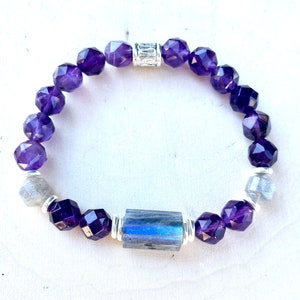 AMETHYST & LABRADORITE BRACELET, Stretch, Silver, Natural Stone Gemstone Crystal