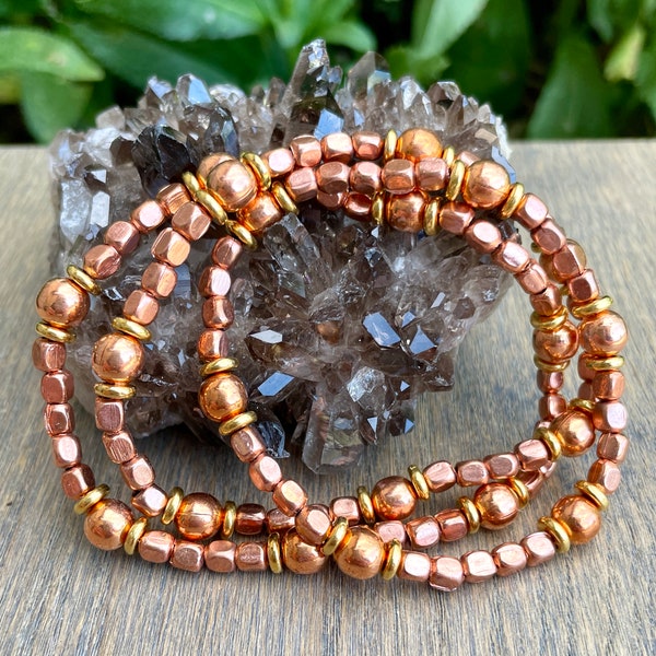 COPPER CUBE BRACELET, with Gold Accents, Stretch, Beaded, 6"-8.5", Healing Mineral