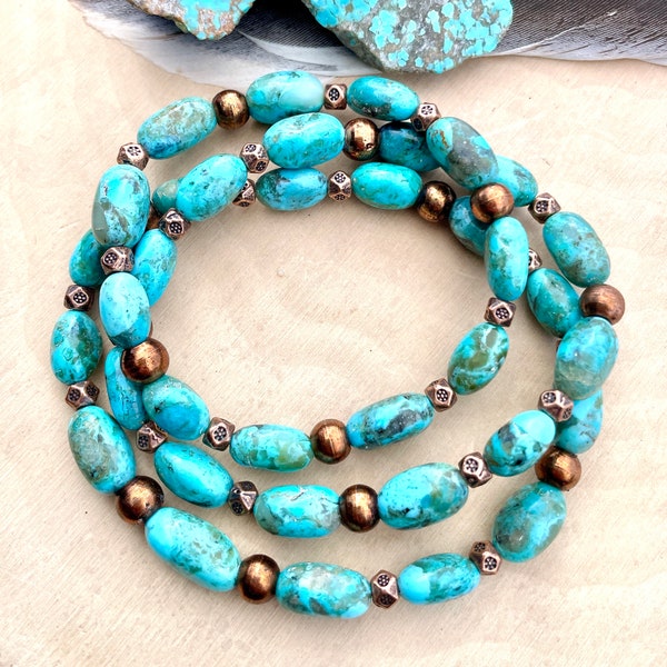 BRACELET KINGMAN TURQUOISE avec cuivre, pépite bleue, perles extensibles, véritable, cristal, pierre naturelle, pierre précieuse de l'Arizona