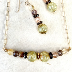 RUTILE & SMOKY QUARTZ Necklace, 14K gold filled chain, 15-16&quot;, Natural Stone Gemstone Crystal, Dainty Minimalist