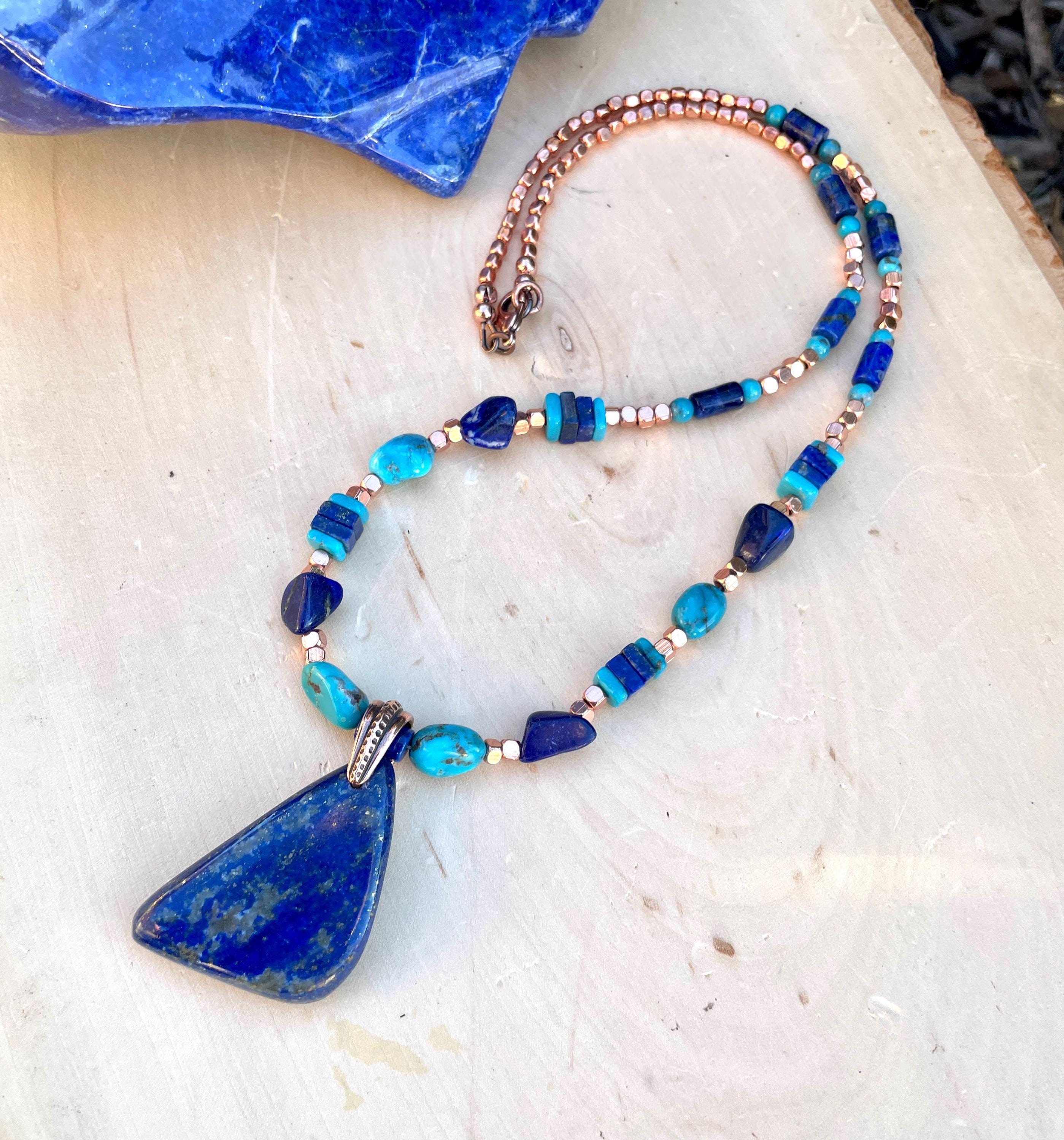 Collana Con Pendente Ovale In Lapislazzuli Naturale Blu - Pietra Preziosa Egiziana Su Catenina Ball 18 Pollici