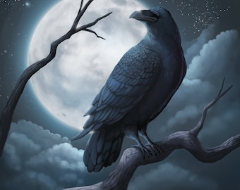 Puede incluir: Un cuervo negro posado en una rama con una luna llena de fondo. El cuervo mira hacia la derecha y la luna brilla intensamente.