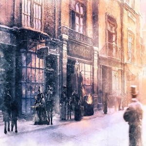 Arte em tela dickensiana de Londres: Uma cena de inverno de um conto de Natal