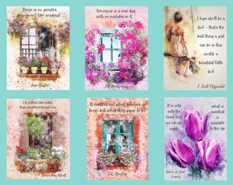 May include: Six watercolor paintings with inspirational quotes and window scenes. The quotes are by Jane Austen, L.M. Montgomery, F. Scott Fitzgerald, Laura May Alcott, J.K. Rowling, and Antoine de Saint-Exupéry.