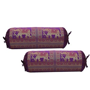 Juego de funda de almohada de seda con brocado de elefante: almohada india para el cuello (76 x 38 cm)