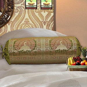 Funda de almohada de brocado de seda hecha a mano: almohada de cuello con diseño de elefante indio (76 x 38 cm)