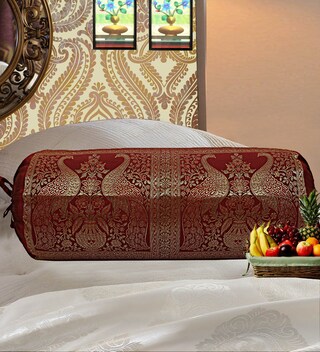 Fodera Per Cuscino Cilindrico Decorativo In Broccato Indiano – Viola E Oro, Con Elefanti, 76x38 Cm – Copricuscino Tubolare Senza Imbottitura
