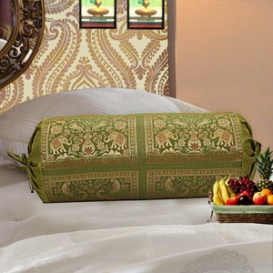 Indian Silk Bolster Cover Handmade Silk Neck Roll Cylinder Design Bolsters Home Decorative peacock Brocade Pillow Case Cover Cushion Cover