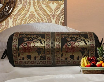 Elephant Brocade Silk Bolster Cover: Jacquard Masand Pillow (30x15 inches)