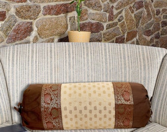 Indian Silk Bolster Cover: Handmade Brocade Pillow, Elephant Pattern (15 X 30 Inches)